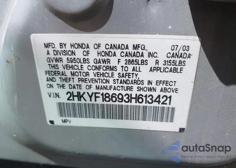 2003 Honda Pilot Ex-L из США, поврежденный, VIN 2HKYF18693H613421